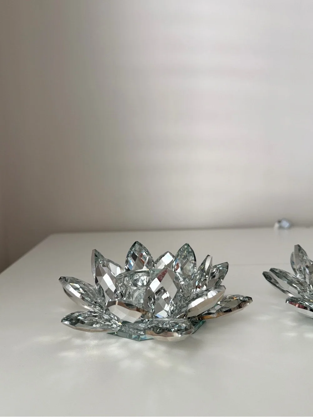 Lot of 2 Crystal Lotus Flower Tealight Candle Holder Glass Lotus Figurine Decor
